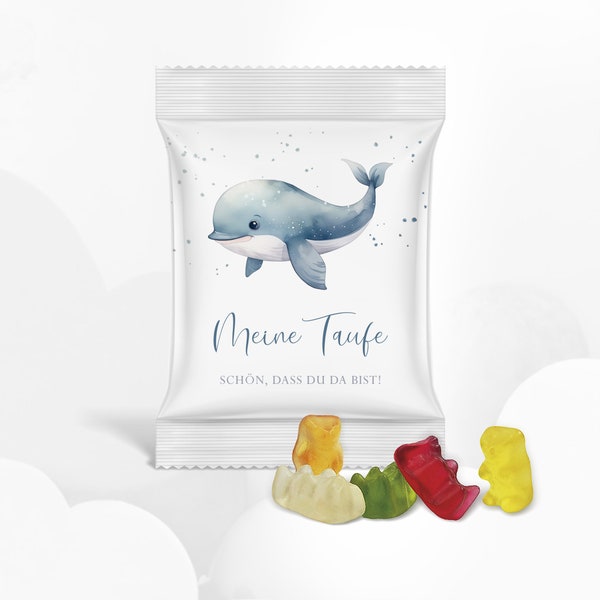 Cadeau d'invité avec des mini oursons en or HARIBO originaux pour le baptême avec une douce baleine - à partir de seulement 0,99 euros par pièce !