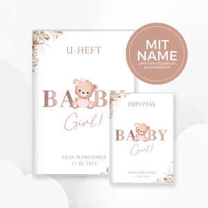 U-Heft und Impfpass Hülle "Baby Girl" mit süssem Bär, personalisiert