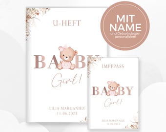 U-Heft und Impfpass Hülle "Baby Girl" mit süssem Bär, personalisiert