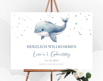 Willkommensschild für den ersten Geburtstag mit einem süssen Wal, personalisiert mit Namen und Datum aus hochwertigem Acrylglas