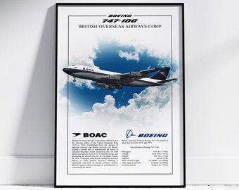 Pôster do Boeing 747 da BOAC - Arte de aviação para pilotos e entusiastas - Impressão de companhias aéreas, imagem de aeronaves, presente de avião, decoração de parede de aviação