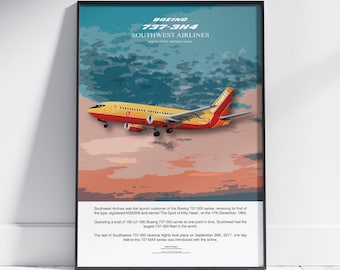 Southwest Boeing 737 Poster, boeing artwork, gift for pilot, aviation poster, aviation artwork, aviation gift, airliner, airplane, plane