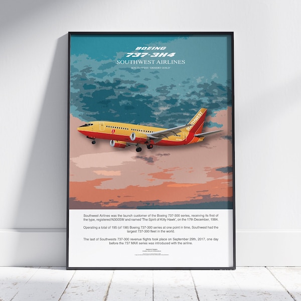 Southwest Boeing 737 Poster, boeing artwork, gift for pilot, aviation poster, aviation artwork, aviation gift, airliner, airplane, plane