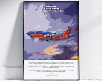 Southwest Boeing 737 Poster, boeing artwork, gift for pilot, aviation poster, aviation artwork, aviation gift, airliner, airplane, plane