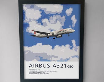 May include: A framed poster featuring a white Dragonair Airbus A321ceo airplane in flight against a blue sky with white clouds. The text reads AIRBUS A321ceo, THE STRETCHED BUS, INTRODUCED 27TH JANUARY 1994 WITH LUFTHANSA, FIRST FLIGHT 11TH MARCH 1993, PRODUCED 1992 TO 2021 (1,780 BUILT).