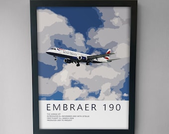 Póster del Embraer 190 de British Airways: arte de aviones para entusiastas de la aviación y regalos de jubilación para pilotos, impresiones de obras de arte de aerolíneas y aviones.