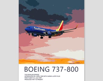 Southwest Boeing 737 Poster | Detailed Aviation Art Print | Civil Airliner Wall Art | Pilot Office Decor | Aviation Enthusiast Gift