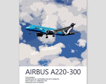 Può includere: Un poster con un aereo Airbus A220-300 azzurro di Breeze Airways in volo contro un cielo nuvoloso. Il testo recita AIRBUS A220-300, THE CANABUS, INTRODUCED 29TH NOVEMBER 2016 WITH AIRBALTIC, FIRST FLIGHT 27TH FEBRUARY 2015, PRODUCED 2015 TO PRESENT.