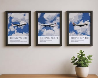 Pacote triplo de impressões da Boeing da British Airways – 747, 777, 787 Dreamliner Aviation Art Bundle | Presente para piloto, pôster de aviação, arte de avião