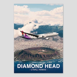 Hawaiian Airlines Airbus A330 Poster | Diamond Head Hawaii | Aviation Art Print | Civil Airliner Wall Art | Pilot Office Decor
