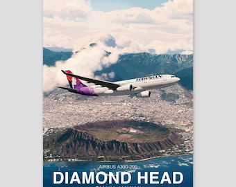Cartaz do Airbus A330 da Hawaiian Airlines | Diamond Head Hawaii | Impressão de arte de aviação | Arte de parede de avião civil | Decoração de escritório de piloto