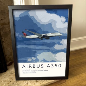 Poster de l'Airbus A350 de Delta Airlines - Belle oeuvre d'art de l'aviation - Cadeau fantastique pour les pilotes, le personnel de cabine ou les amateurs d'avion