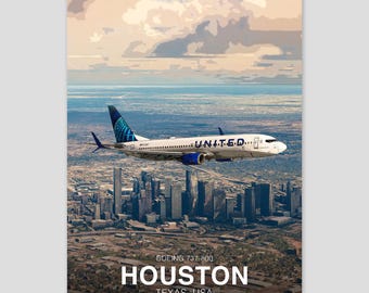Póster del Boeing 737 de United Airlines, Houston, Texas, impresión artística de aviación, arte mural de avión de pasajeros civil, decoración de oficina de piloto