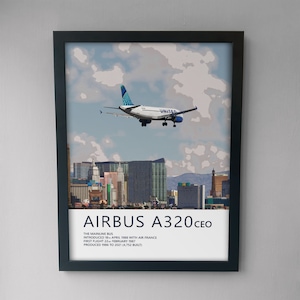United Airlines Airbus A320 Poster - Las Vegas Skyline - Plane art for aviation enthusiasts & pilot gifts, airline and airplane artwork