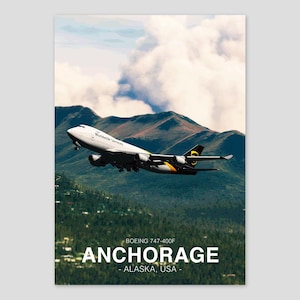 UPS Boeing 747 Poster | Anchorage Alaska Landscape | Aviation Art Print | Civil Airliner Wall Art | Pilot Office Decor