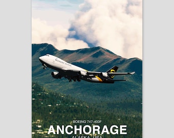 Pôster UPS Boeing 747 | Paisagem de Anchorage, Alasca | Impressão de arte de aviação | Arte de parede de avião civil | Decoração de escritório de piloto