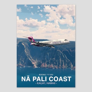Hawaiian Airlines Boeing 717 Poster | Nā Pali Coast Hawaii | Aviation Art Print | Civil Airliner Wall Art | Pilot Office Decor