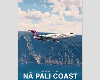 Cartaz do Boeing 717 da Hawaiian Airlines | Costa de Nā Pali, Havaí | Impressão de arte de aviação | Arte de parede de avião civil | Decoração de escritório de piloto