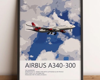 Impressão do Airbus A340 da Virgin Atlantic, arte da aviação, impressões de arte de avião, presente de piloto, pôster de aviação, decoração de companhia aérea
