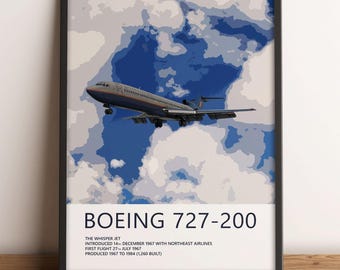 Op de afbeelding: Een ingelijste poster met een Boeing 727-200 vliegtuig in de lucht tegen een gestileerde blauwe en witte wolkenachtergrond. De tekst luidt: BOEING 727-200, THE WHISPER JET, INTRODUCED 14TH DECEMBER 1967 WITH NORTHEAST AIRLINES, FIRST FLIGHT 27TH JULY 1967.