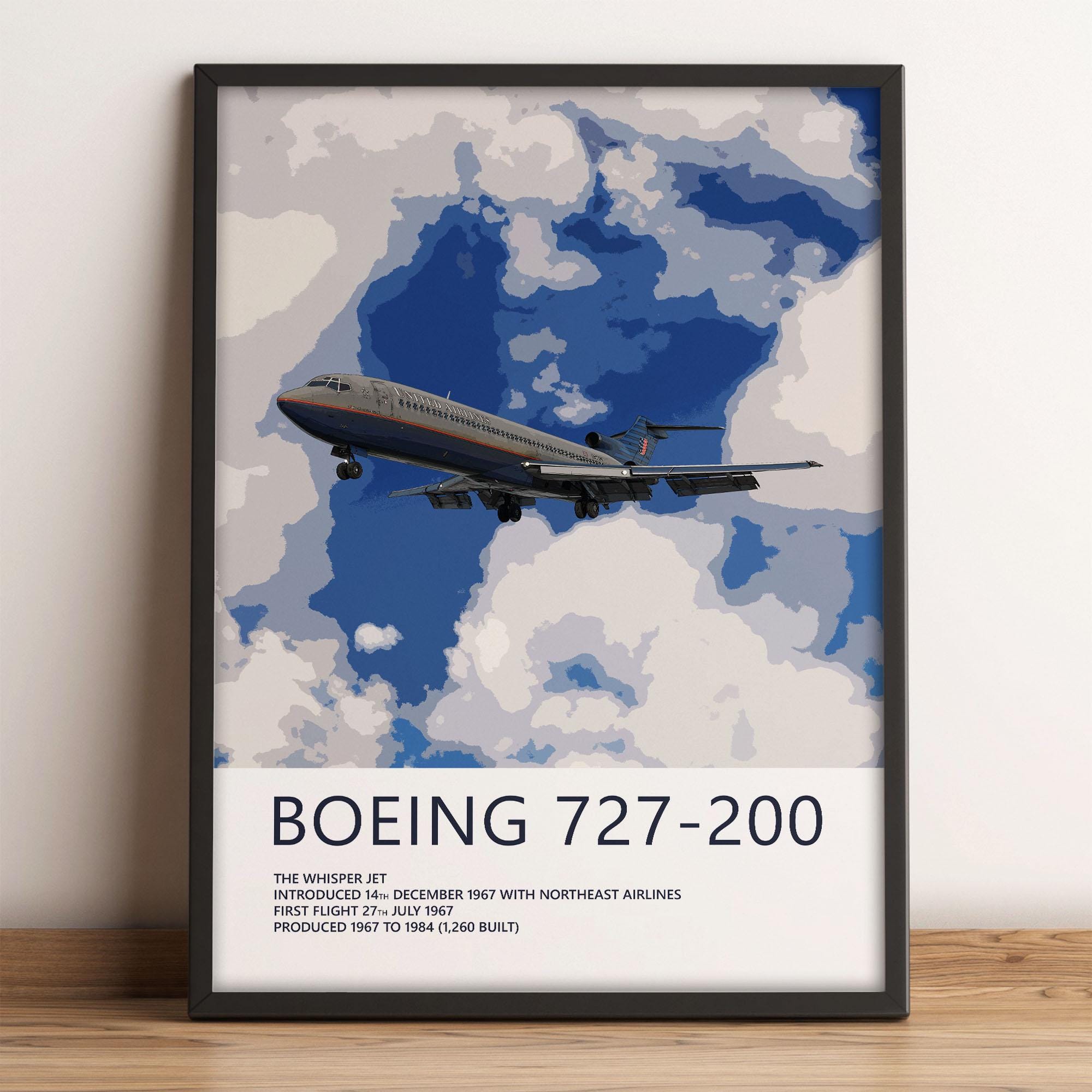 ユナイテッド航空ボーイング727-200型機ポスター – バトルシップグレー