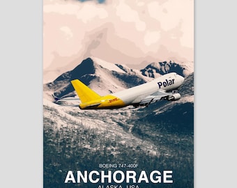 Cartaz do Boeing 747 da Polar Air Cargo | Paisagem de Anchorage, Alasca | Impressão de arte de aviação | Arte de parede de avião civil | Decoração de escritório de piloto