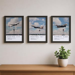 Triple Pack British Airways Heathrow Prints - B777, B747, A380 Superjumbo Aviation Art Bundle | Pilot Gift, Aviation Poster, Plane Art