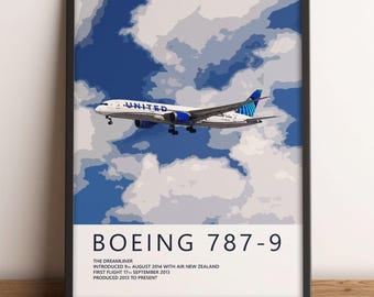 United Airlines Boeing 787-9 Poster – Aviation Wall Art, Airline Pilot Gift