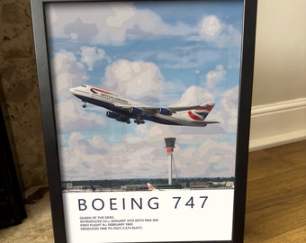 British Airways Boeing 747 Poster -Heathrow - Flugzeug Kunst für Luftfahrt Enthusiasten & Piloten Geschenke, Fluglinien und Flugzeug Kunstwerke
