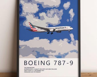 American Airlines Boeing 787-9 Poster – Aviation Wall Art, Airline Pilot Gift