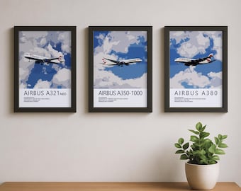 Pacote triplo de impressões da British Airways Airbus – A350, A321, A380 Superjumbo, conjunto de arte de aviação | Presente para piloto, pôster de aviação, arte de avião