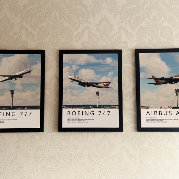 British Airways Heathrow-Posterset – Flugzeugkunst für Luftfahrtbegeisterte und Piloten-Ruhestandsgeschenke, Airline- und Flugzeug-Kunstdrucke