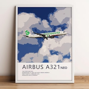 Transavia Poster - Airbus A321 Neo - Kommt in der kommerziellen Luftfahrt für Piloten, Avgeeks, Flugzeugbeobachter, Flugzeugsammler | Gerahmt oder Ungerahmt
