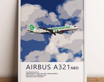 Pôster da Transavia - Airbus A321 Neo - Arte de parede da aviação civil para pilotos, aviadores, observadores de aeronaves e colecionadores | Emoldurado ou sem moldura
