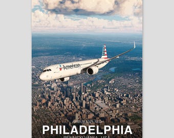 Cartaz do Airbus A321 NEO da American Airlines | Filadélfia Pensilvânia | Impressão de arte de aviação | Arte de parede de avião civil | Decoração de escritório de piloto