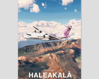 Ohana By Hawaiian ATR 42 Poster | Haleakalā Hawaii | Impressão de arte de aviação | Arte de parede de avião civil | Decoração de escritório de piloto