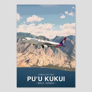 Hawaiian Airlines Airbus A321 NEO Poster | Pu&#39;u Kukui Hawaii | Aviation Art Print | Civil Airliner Wall Art | Pilot Office Decor