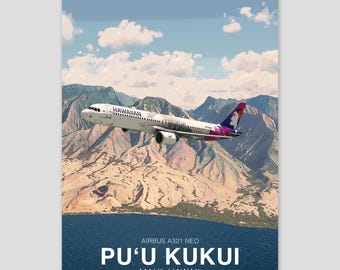 Cartaz do Airbus A321 NEO da Hawaiian Airlines | Pu'u Kukui Hawaii | Impressão de arte de aviação | Arte de parede de avião civil | Decoração de escritório de piloto