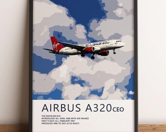 Impressão do Airbus A320 da Virgin Atlantic, arte da aviação, impressões de arte de avião, presente de piloto, pôster de aviação, decoração de companhia aérea