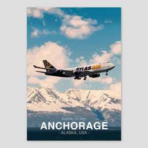 Atlas Air Boeing 747 Poster | Anchorage Alaska Landscape | Aviation Art Print | Civil Airliner Wall Art | Pilot Office Decor