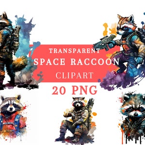 Space Raccoon Clipart Bundle | 20 transparent PNGs | Watercolor Guardians Galaxy Raccoon | Fantasy | Instant Download | Commercial licence