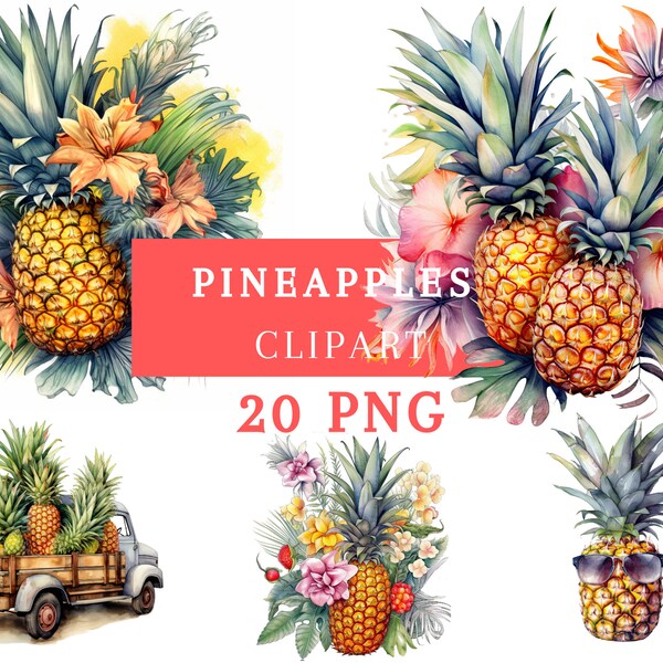 Tasty Watercolor Pineapple Clipart Bundle 20 PNG | Instant Download | Cute and Funny PNG Images, digital clipart | Commercial license