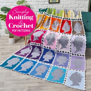 May include: A multi-coloured crochet blanket featuring a repeating silhouette of a person's head in grey on each square. The squares are joined by a white lattice border. A pink circular graphic with the text Simply Knitting & Crochet PDF PATTERNS is overlaid on the upper left corner of the image.