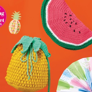May include: A set of three crocheted summer-themed items: a watermelon, a pineapple, and a fan. The pineapple is a yellow drawstring bag with green leaves. The watermelon is a pink and green crocheted slice. The fan is a multi-colored paper fan.