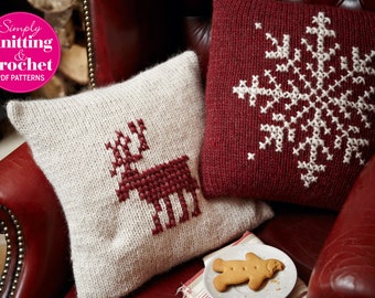 Knitted Christmas Cushion Cover Patterns: Reindeer & Snowflake (PDF Download)