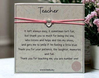 Teacher Thank You Bracelet | Pink Heart Charm | End of Year Gift from Student | Poem Card | Gift for Educators