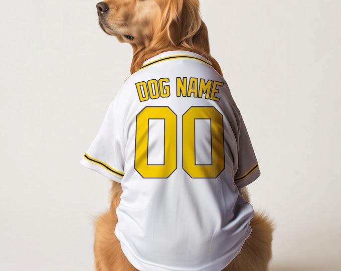 Custom Dog Baseball Jersey White with Yellow Trim, Embroidered Name or Heat Press, Personalized Sports Outfit for Pets or Gifts