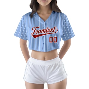 Camisa de torcida listrada azul claro, nome e número personalizados, bordado ou prensa térmica, roupa feminina, camisa de torcida personalizada