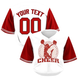 Custom Cheerleader Baseball Jersey – Red White Heat Press Shirt with Pom-Pom Graphic, Personalized Name Uniform