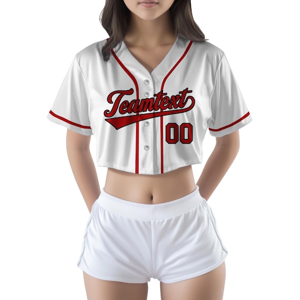 ホワイトチアリーディングクロップジャージー女性用パーソナライズ名前番号チームユニフォーム刺繍またはヒートプリントデザイン彼女のスポーツゲームユニフォーム用